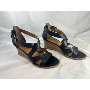 GH Bass Renae Sandals Stacked Wedge Heel Black Cross Straps US Size 7.5 M